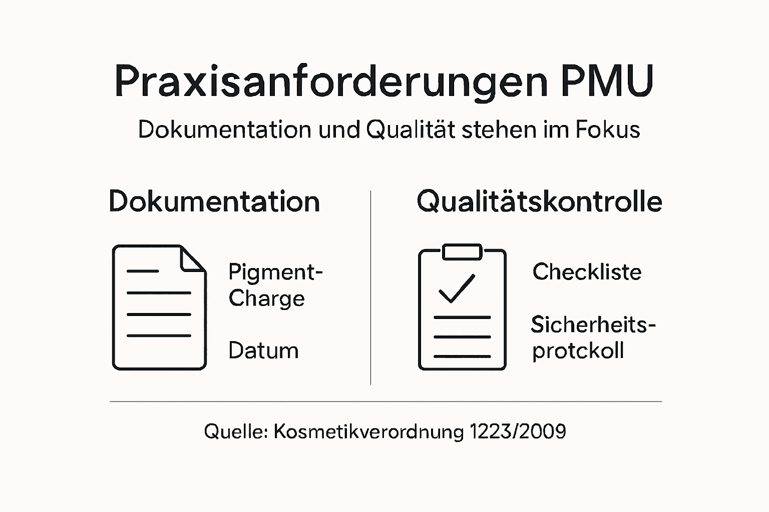 Permanent Make-up Grundlagen: Rechtssicherheit und Praxis 3 Die Infografik gibt einen Überblick über die Anforderungen in der Praxis, insbesondere in Bezug auf Dokumentation und Kontrolle.