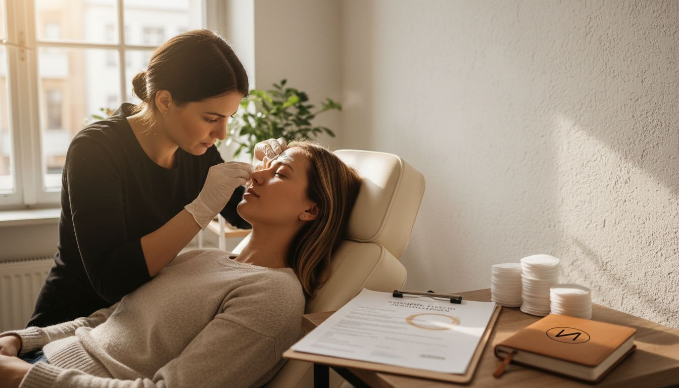 Eine Fachkraft trägt ein Peeling als Vorbereitung auf die Behandlung auf die Haut auf.