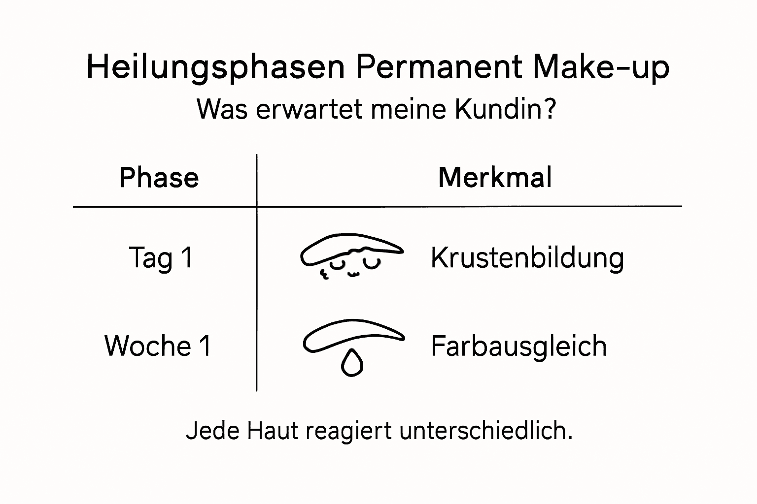 Die Infografik veranschaulicht die einzelnen Heilungsphasen nach einer Permanent Make-up Behandlung.