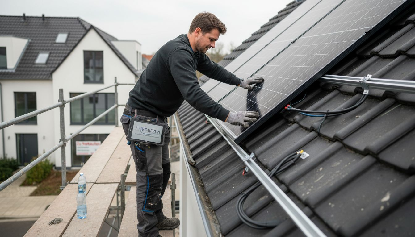 Ein Fachmann montiert Photovoltaikmodule direkt ins Dach.