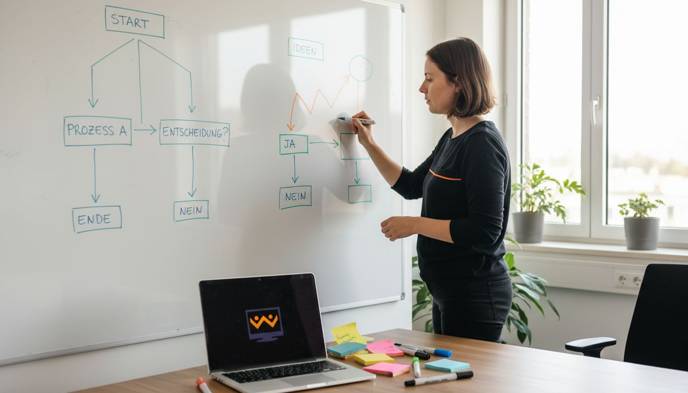 Eine Frau stellt verschiedene KI-Ansätze anschaulich am Whiteboard gegenüber.