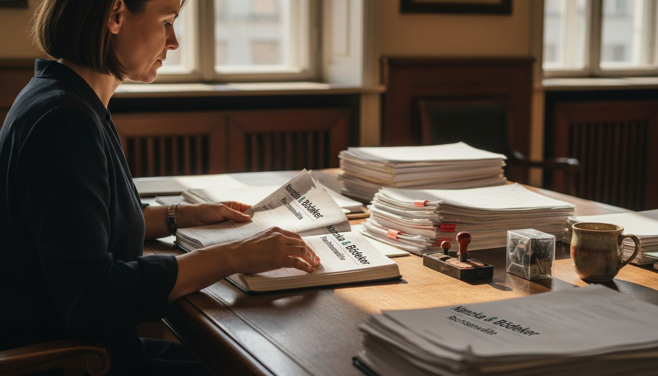 Eine Managerin überprüft am Schreibtisch die Verträge zur Arbeitnehmerüberlassung.