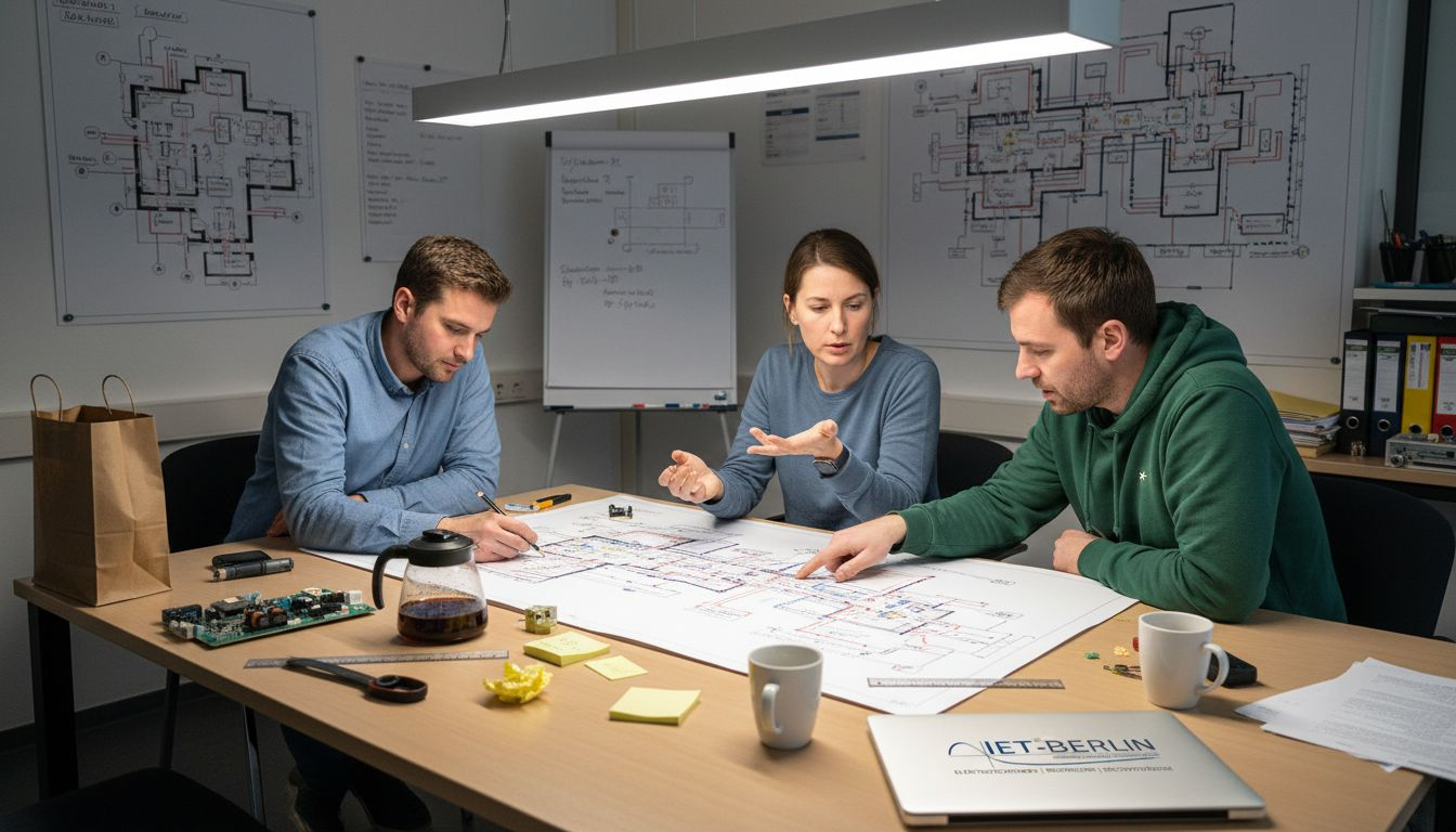 Ingenieure arbeiten gemeinsam an der Planung der Elektroinstallation.