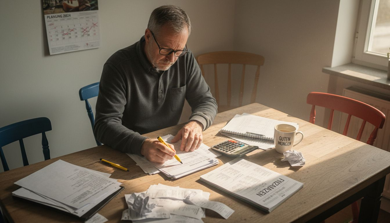 Ein Mann sitzt am Küchentisch und rechnet aus, wie viel Eigenkapital in seiner Immobilie steckt.