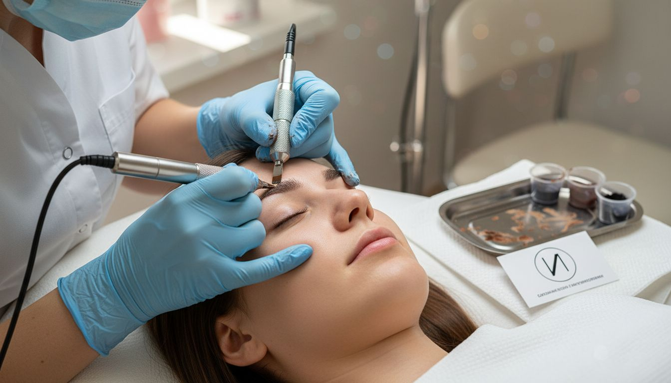 Detailaufnahme einer professionellen Microblading-Technik für die Augenbrauen