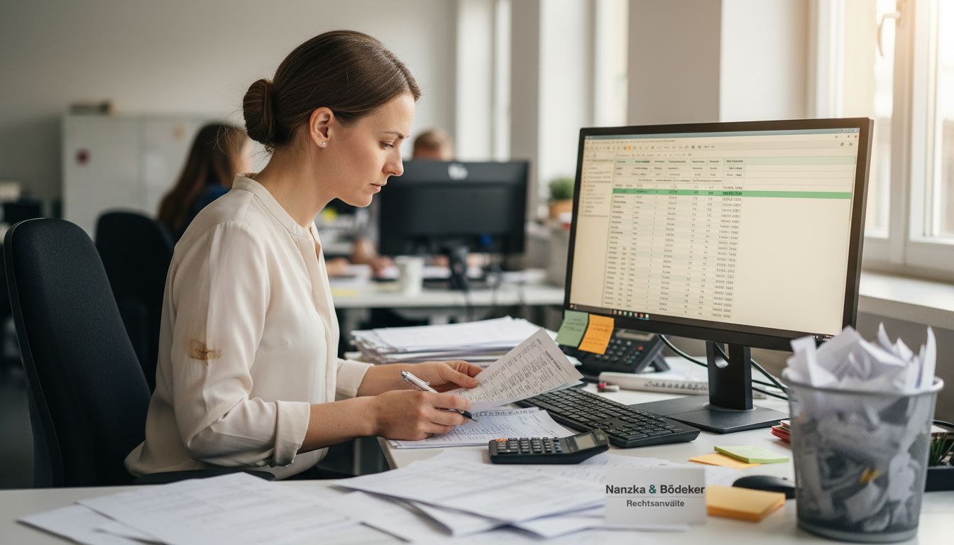 Eine Sachbearbeiterin kontrolliert am Schreibtisch die Gehaltsabrechnungen.