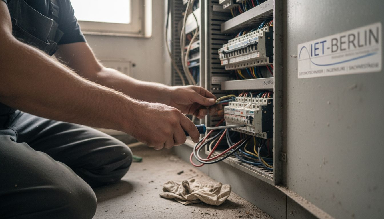 Ein Servicetechniker führt Wartungsarbeiten an einem offenen Verteilerkasten durch.