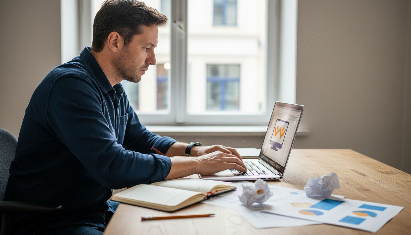 Ein Mann sitzt am Schreibtisch und wertet SEO-Daten aus.