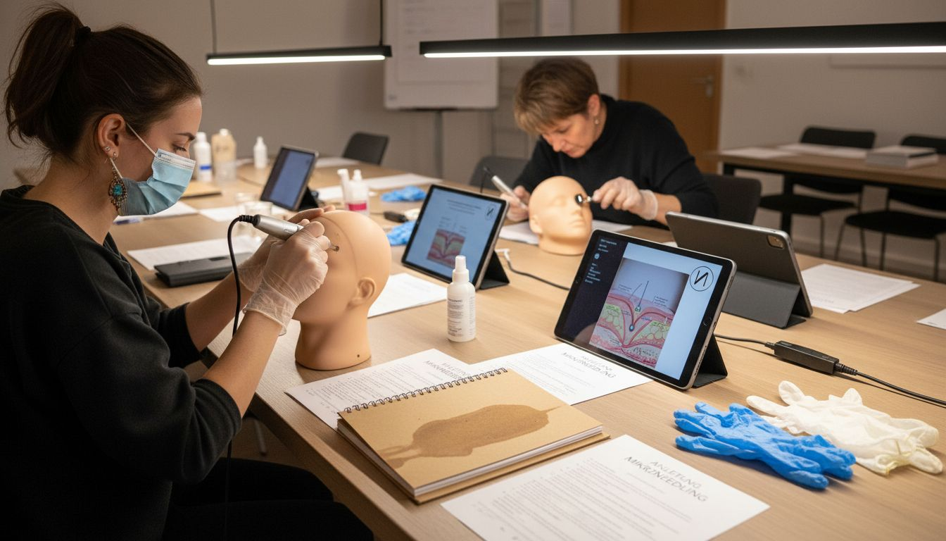 Im Seminarraum sammeln die Teilnehmer praktische Erfahrungen mit Microneedling.