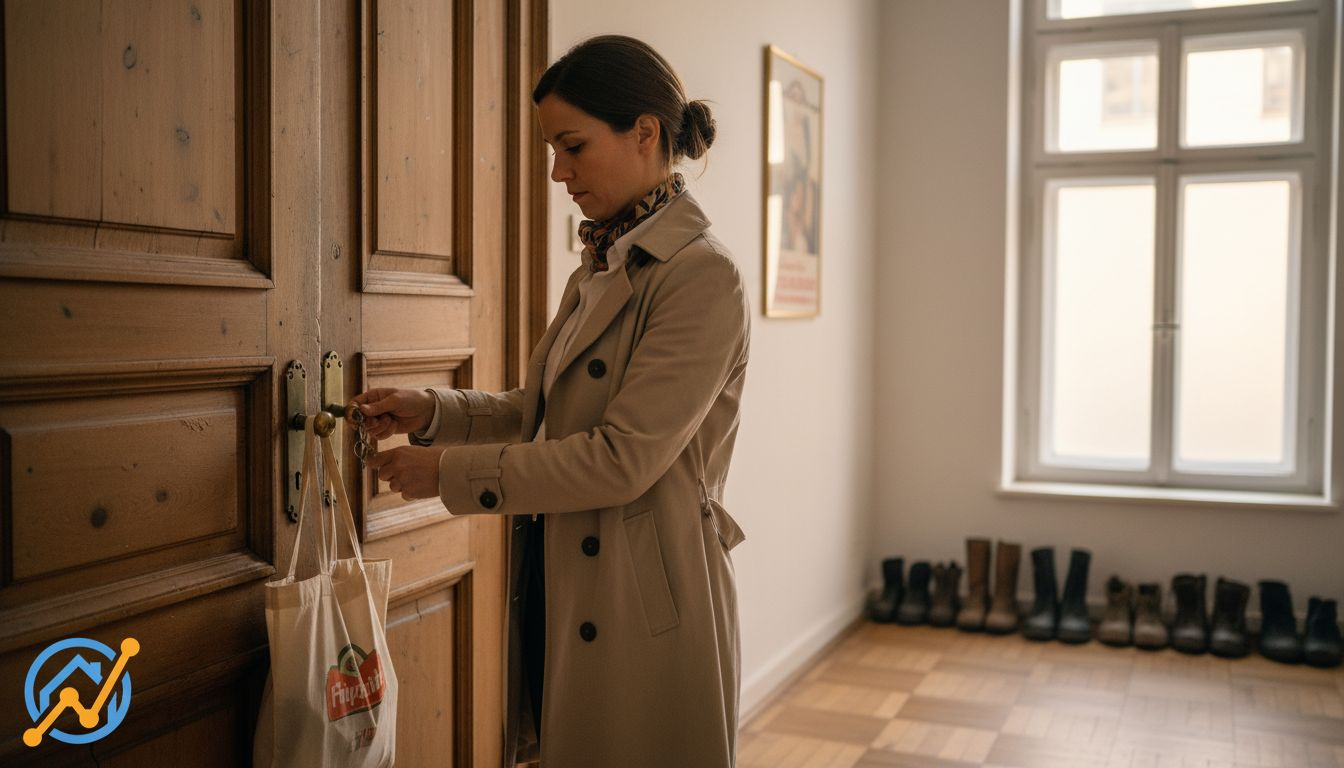 Ein Makler öffnet die Haustür eines Berliner Mietshauses.