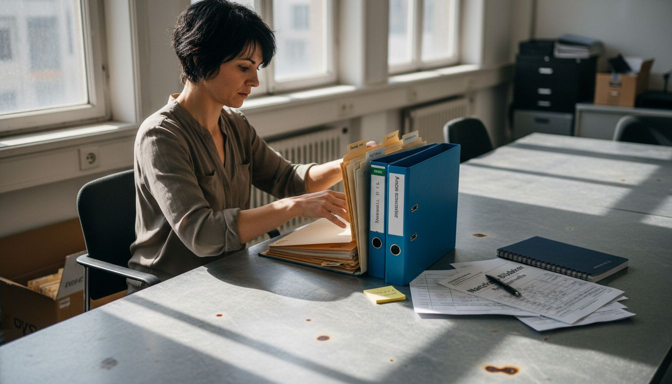 Ein Mitarbeiter sortiert Personalakten am Schreibtisch im Büro.