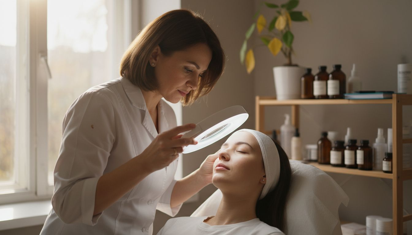 Eine Kosmetikerin führt eine Hautanalyse durch.