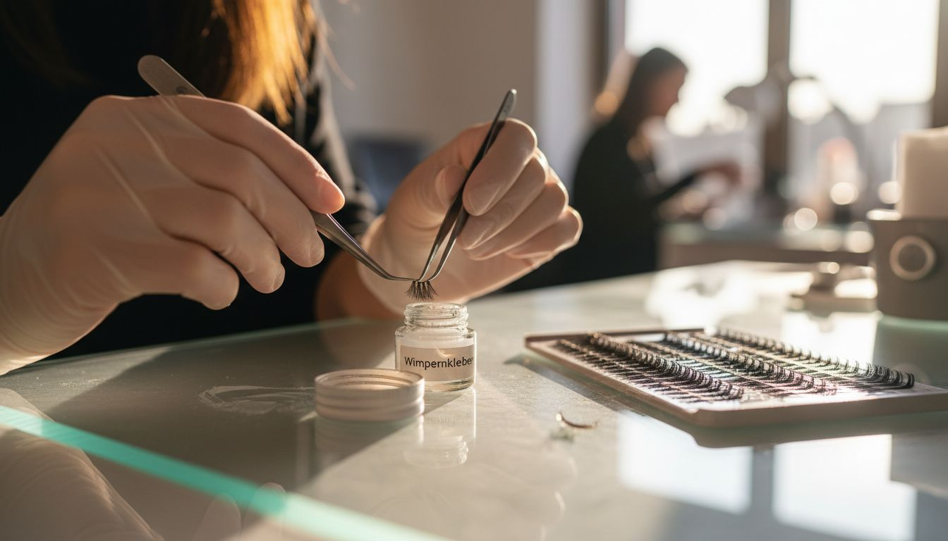 Detailaufnahme von Händen und Werkzeugen für Wimpernverlängerungen