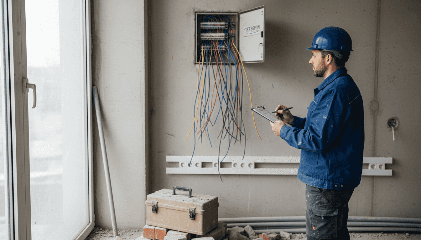 Der Bauleiter kontrolliert die Verkabelung und den Sicherungskasten auf ordnungsgemäße Installation.