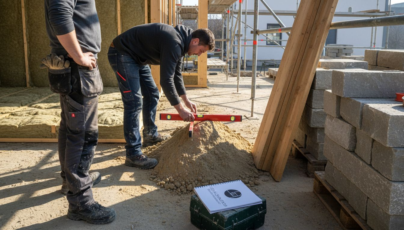 Fachkräfte prüfen umweltfreundliche Baustoffe auf ihre Qualität und Nachhaltigkeit.