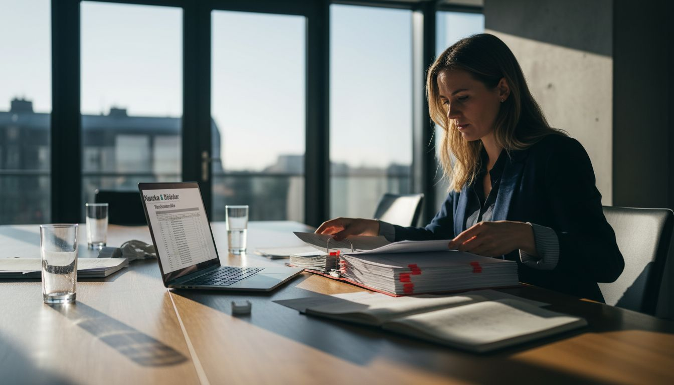 Bei einer Besprechung prüft der Compliance-Beauftragte sorgfältig die Unterlagen auf dem Tisch.