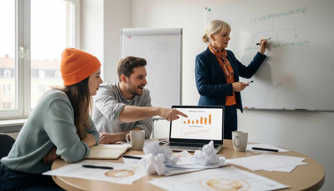 Ein Team entwickelt gemeinsam eine Marketingstrategie und arbeitet dabei mit ausgedruckten Unterlagen.