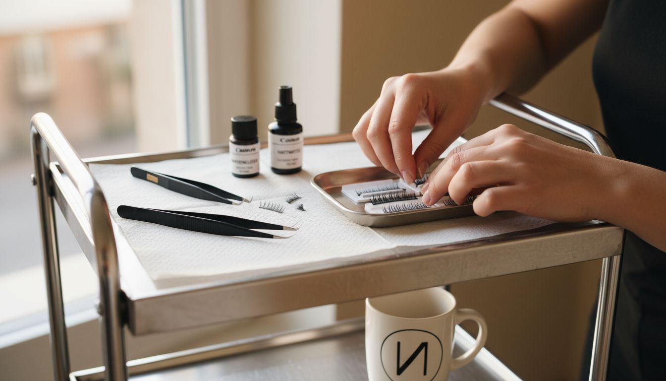 Checkliste Wimpernstylisten 2026 2 Eine Wimpernstylistin bereitet ihre Utensilien für die Volumentechnik vor.