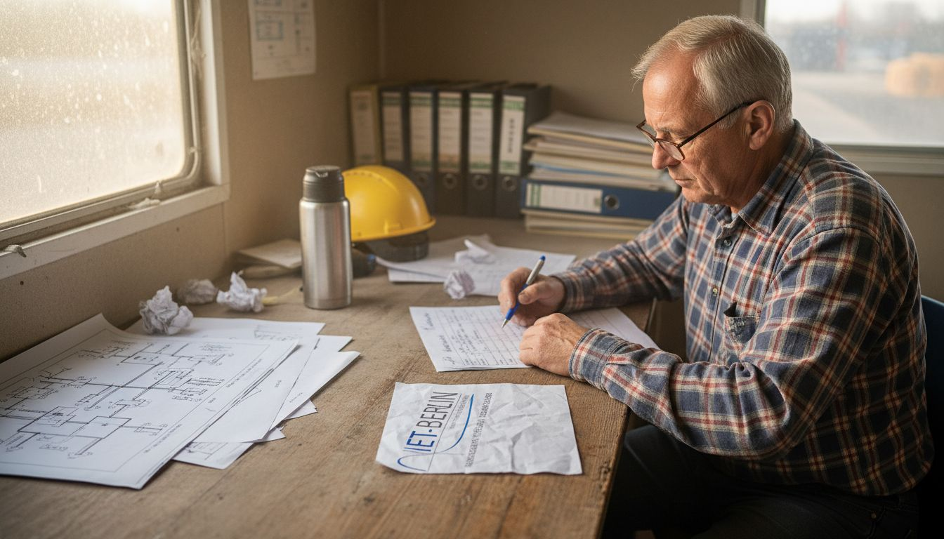 Der Bauleiter prüft die Unterlagen des Elektrofachbetriebs.
