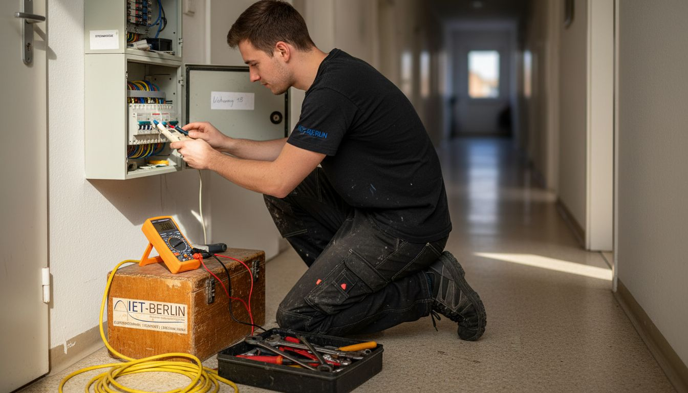 Ein Techniker überprüft die Funktion eines Sicherungsautomaten im Verteilerkasten.