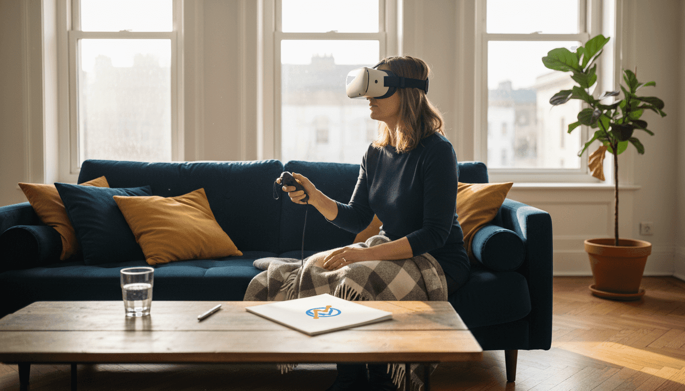 Eine Frau besichtigt eine Immobilie mithilfe einer VR-Brille und taucht dabei virtuell in die Räume ein.