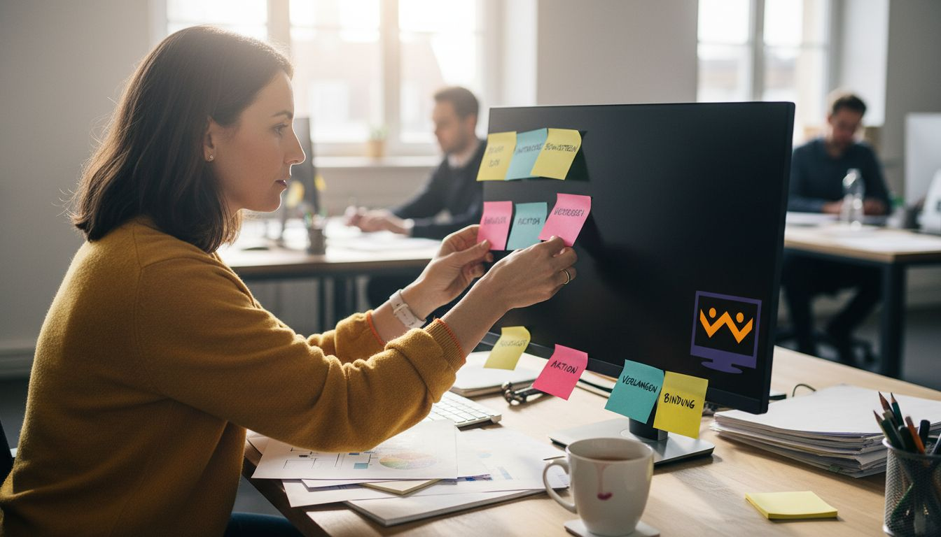 Ein Manager sitzt am Schreibtisch und strukturiert die einzelnen Phasen des Vertriebstrichters.