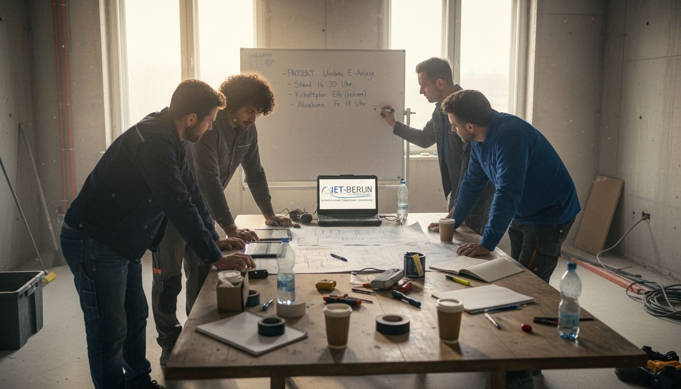 Das Team stimmt den Elektroentwurf gemeinsam am Konferenztisch ab.