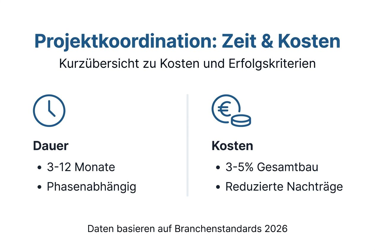In dieser Infografik erhalten Sie einen Überblick über die Kosten und den zeitlichen Aufwand für die Baukoordination.
