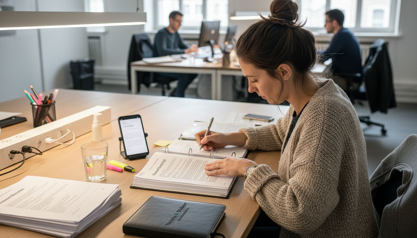 Ein Mitarbeiter hält die Arbeitsbedingungen an seinem Schreibtisch fest.