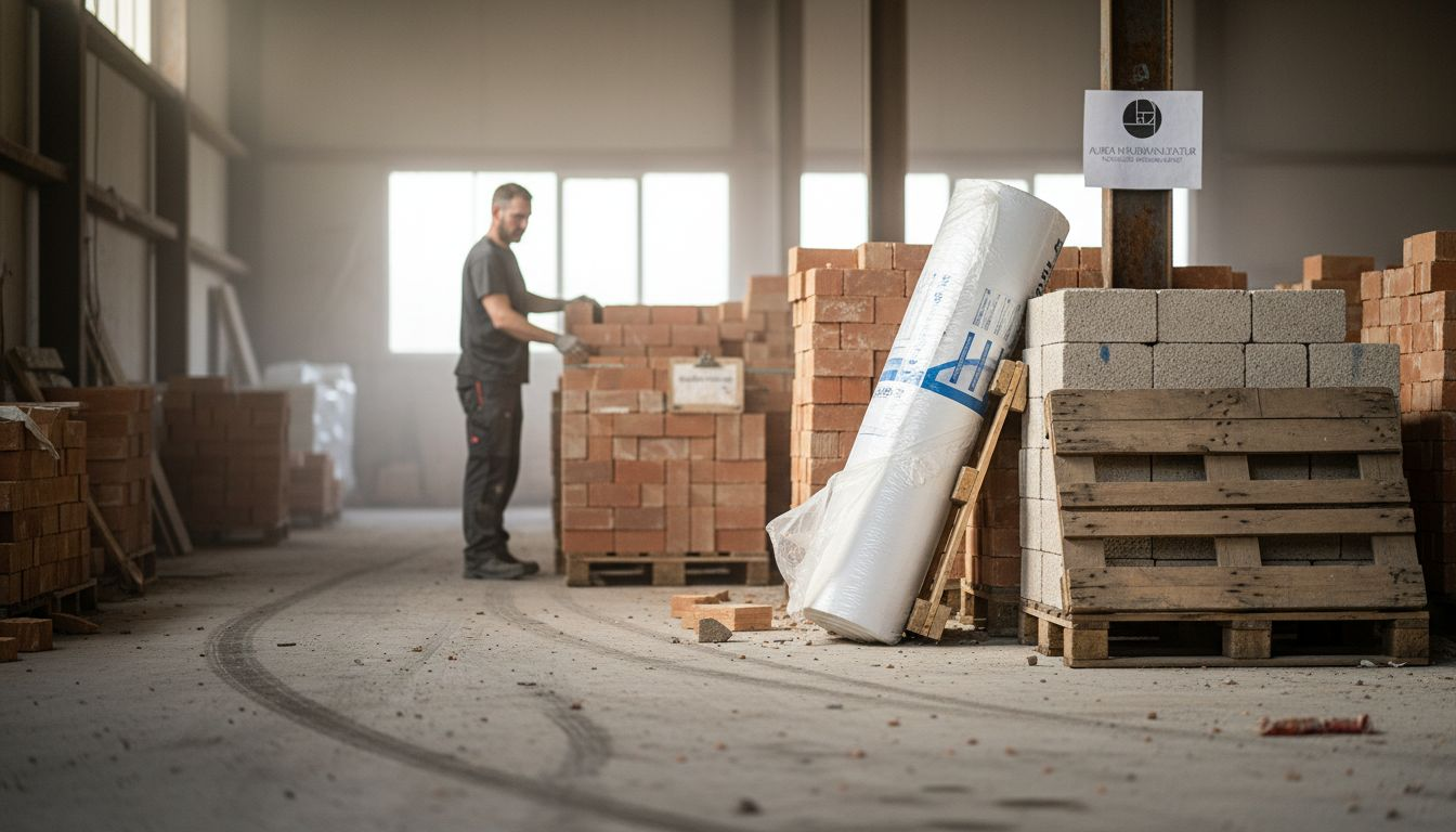 Ein Mitarbeiter stapelt Ziegel im regionalen Lager.