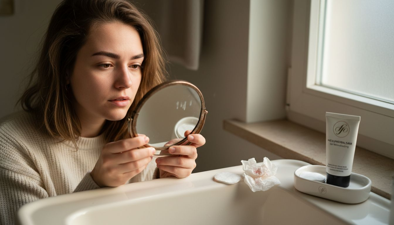 Frau begutachtet ihre Augenbrauen nach der Abheilung des Make-ups