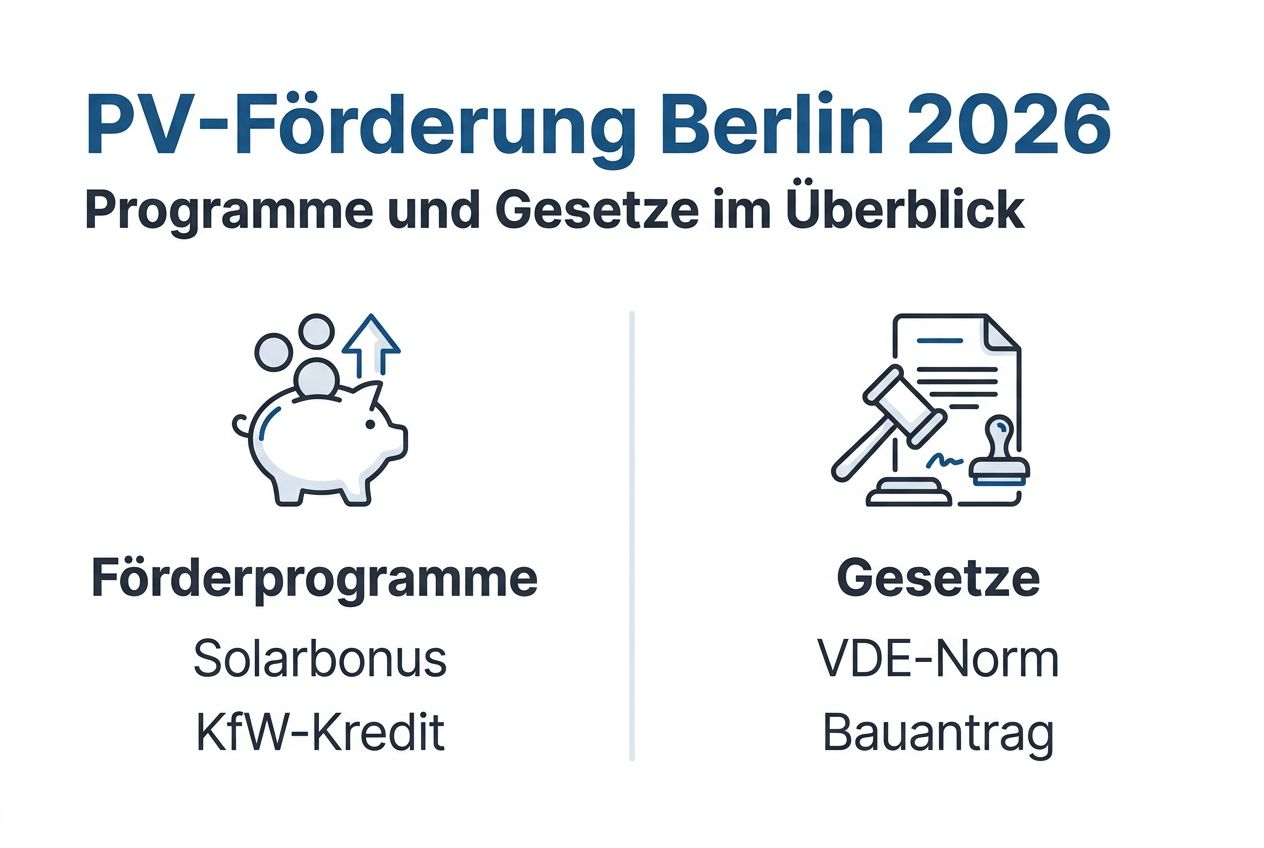 Übersichtsgrafik zu aktuellen Fördermöglichkeiten und gesetzlichen Rahmenbedingungen für Photovoltaik