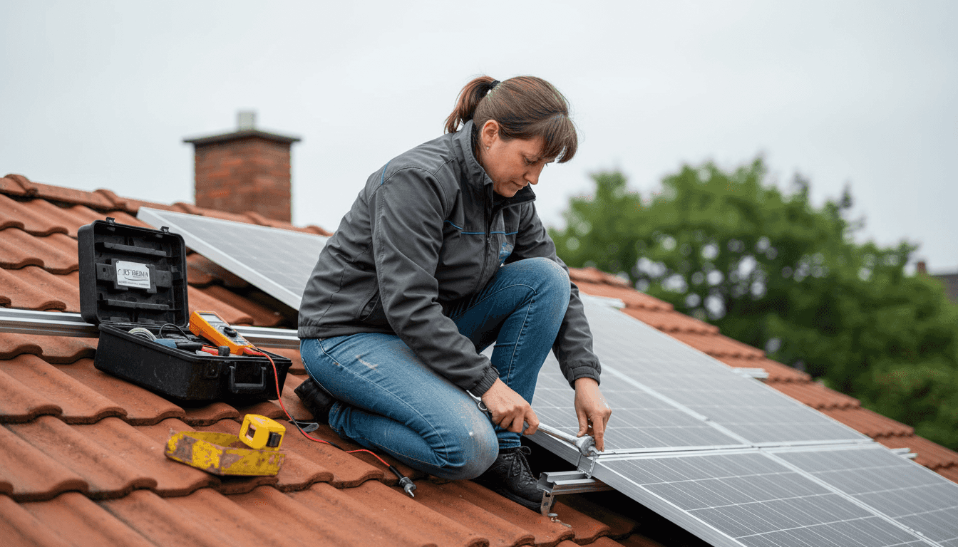 Ein Techniker prüft die auf dem Dach installierten Solarmodule.