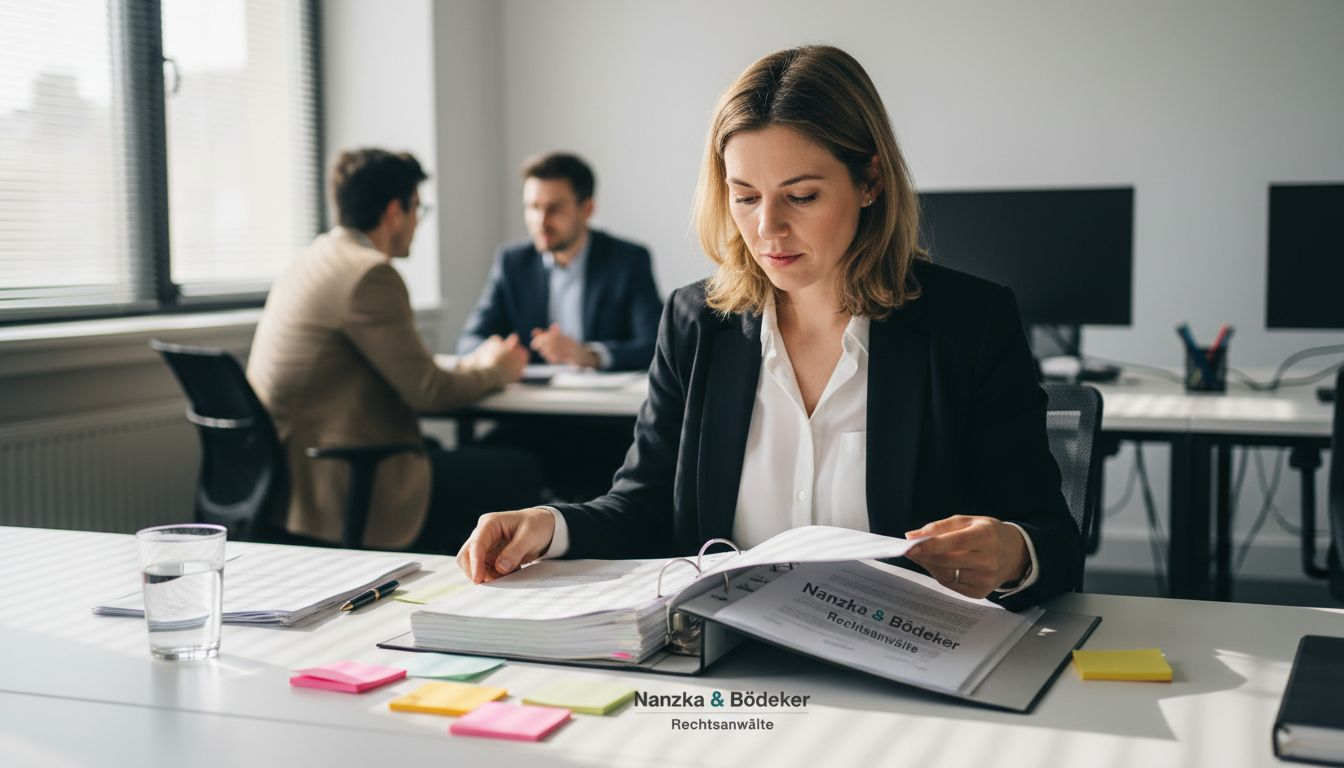 Eine Mitarbeiterin bespricht gemeinsam mit Kollegen die aktuellen Zeitarbeitsverträge.