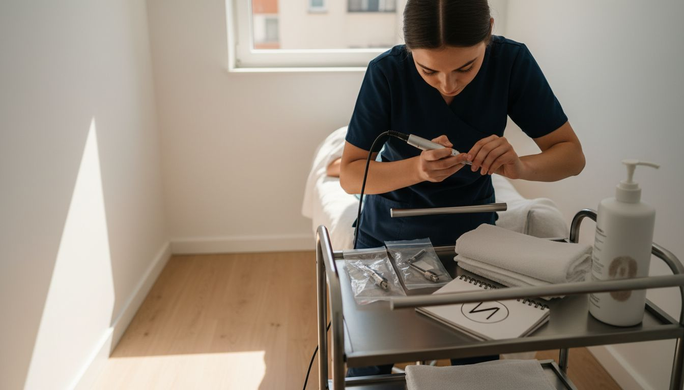 Eine Kosmetikerin führt eine Microneedling-Gesichtsbehandlung durch.