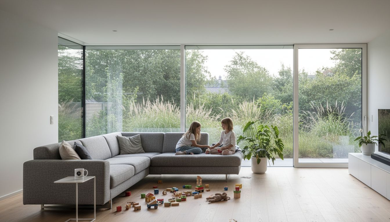 Wohnszene im offen gestalteten Wohnzimmer einer modernen Bauhaus-Villa