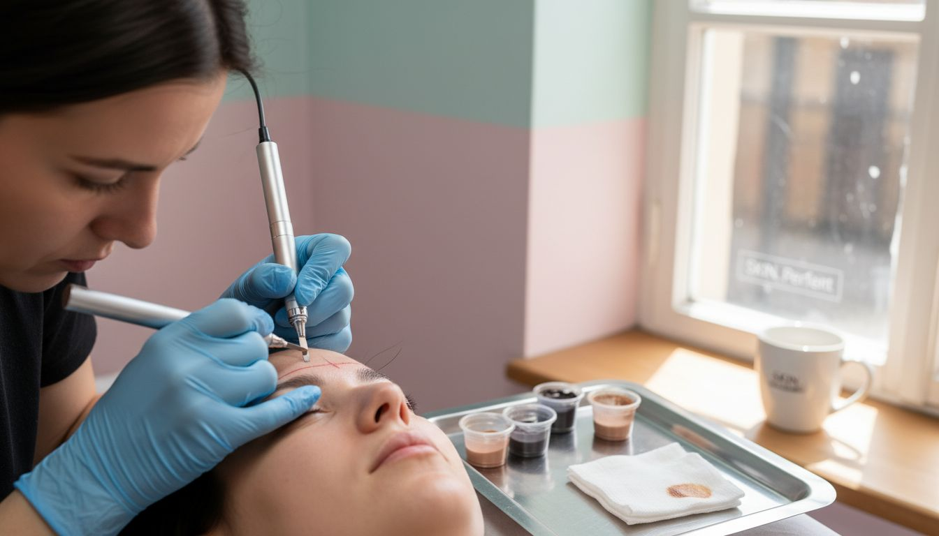 Eine Kosmetikerin führt präzises Microblading aus der Nähe durch.