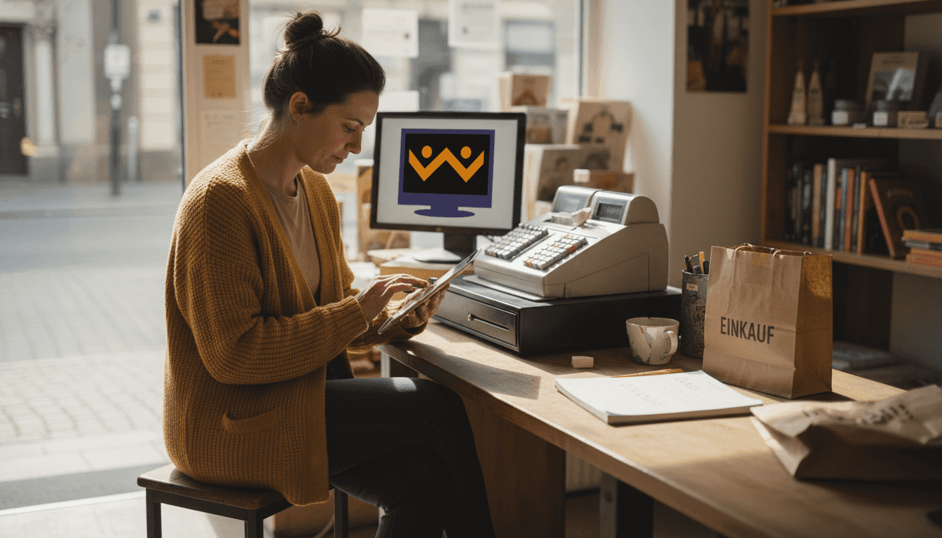 Ein Ladenbesitzer nutzt sein Tablet, um Marketingaufgaben zu erledigen.