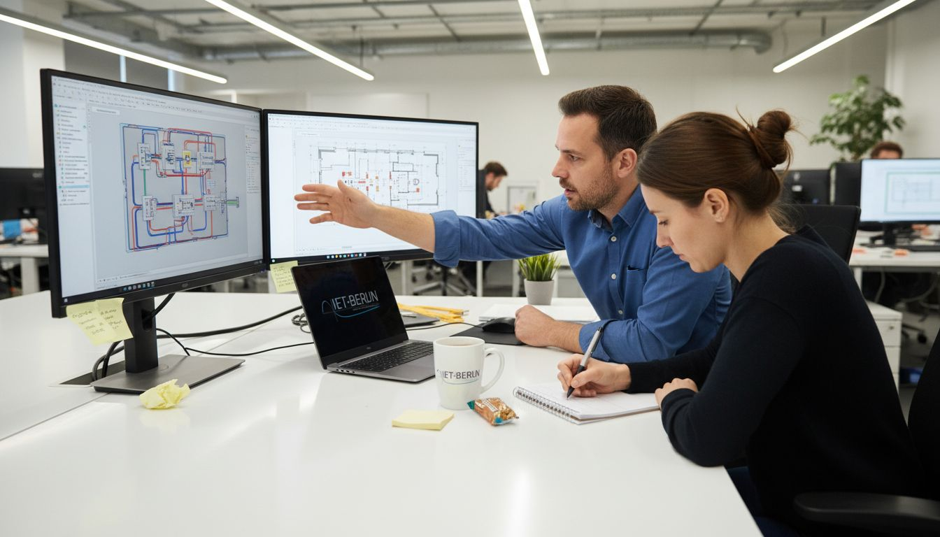 Planerinnen und Planer arbeiten gemeinsam am BIM-Arbeitsplatz und tauschen sich aus.