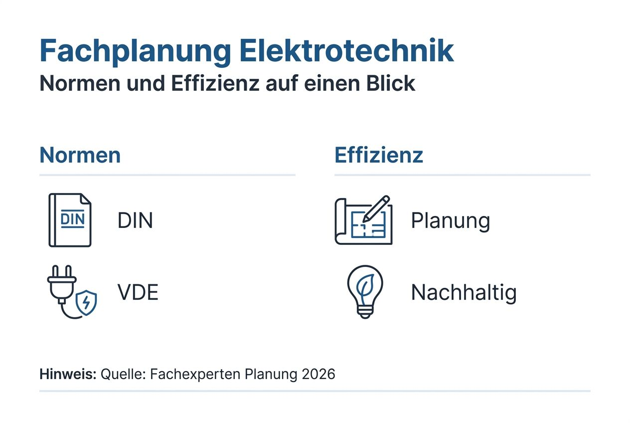 Infografik: Normen und Effizienz in der Elektroplanung – ein kompakter Überblick