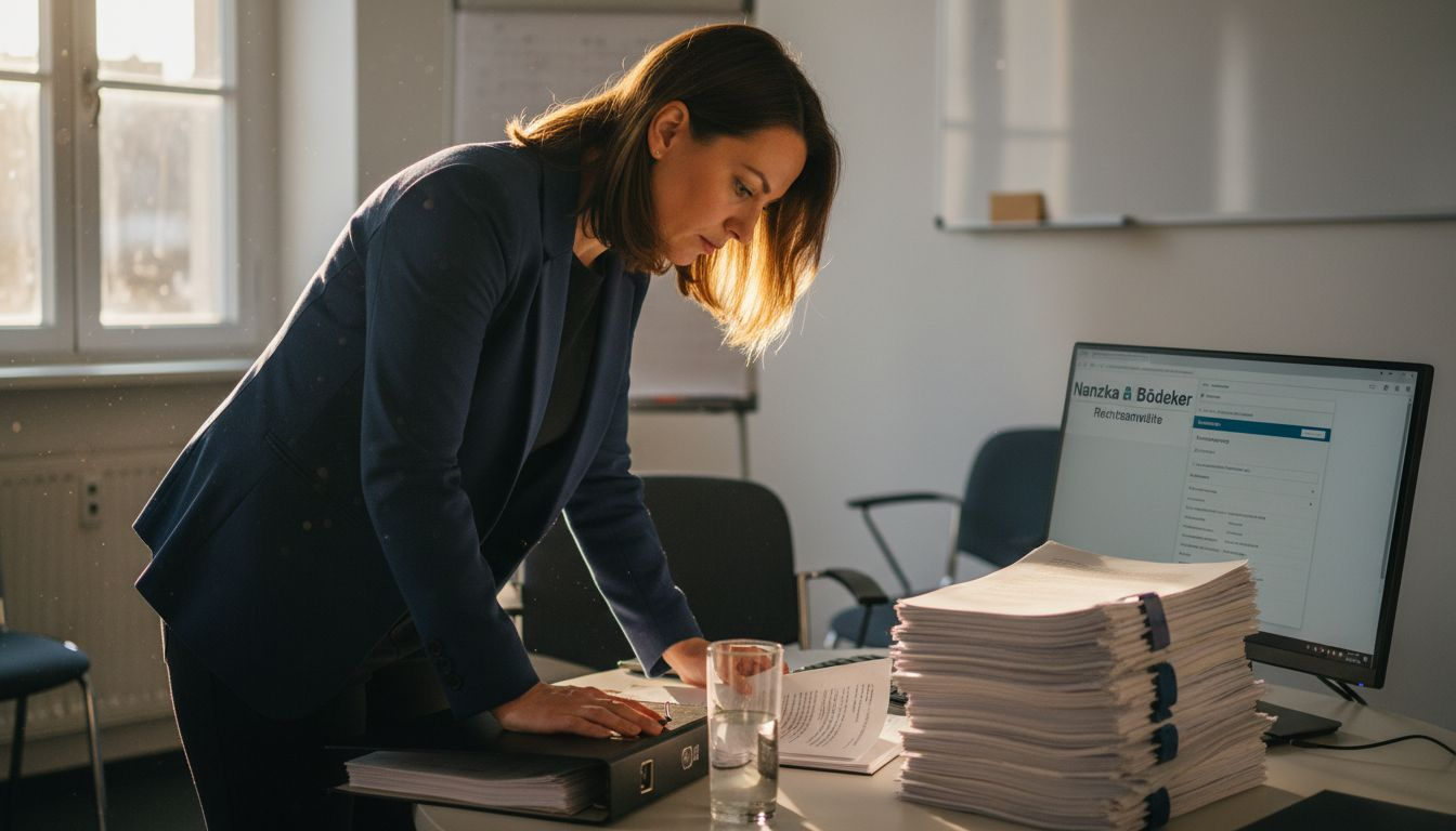 Eine Mitarbeiterin geht im Besprechungsraum sorgfältig wichtige Vertragsunterlagen durch.