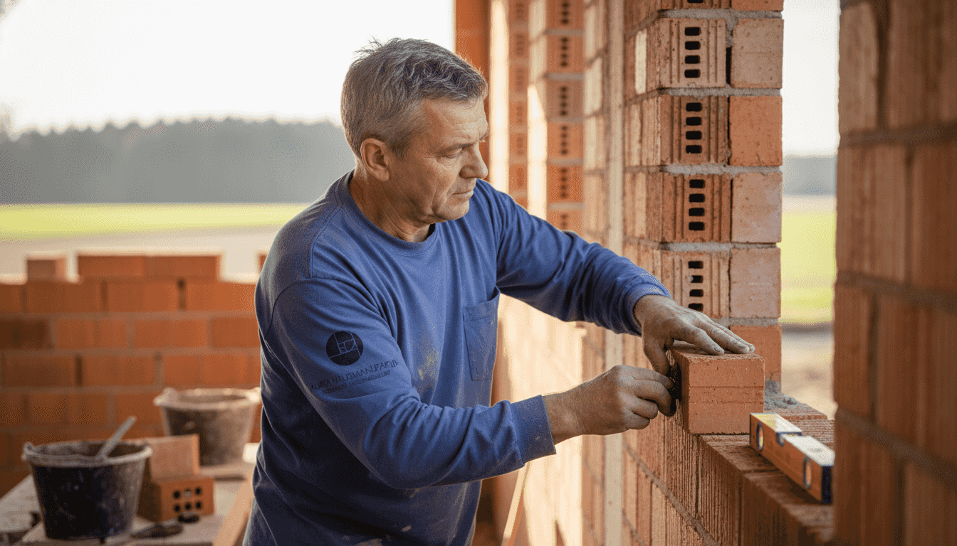 Ein Maurer setzt im Rohbau eines Massivhauses Stein auf Stein.