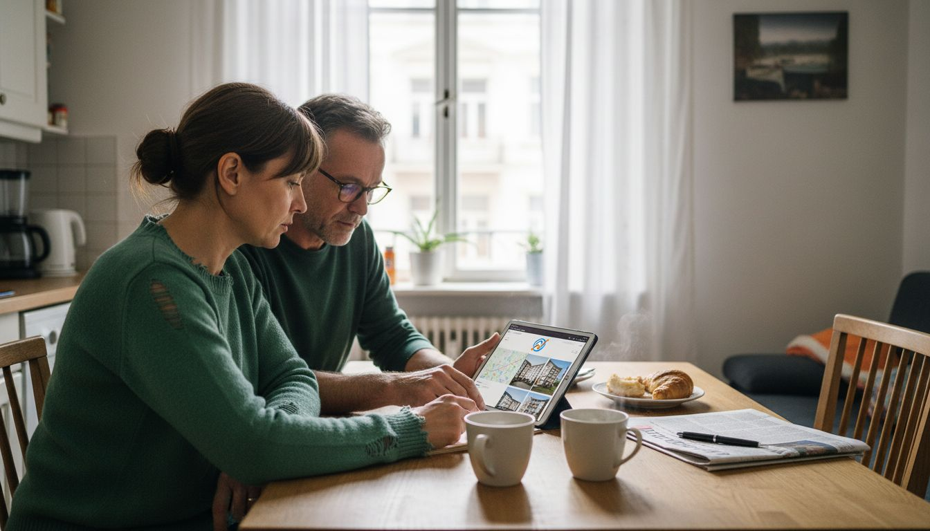 Ein Paar sitzt am Küchentisch und schaut sich gemeinsam Immobilienanzeigen an.