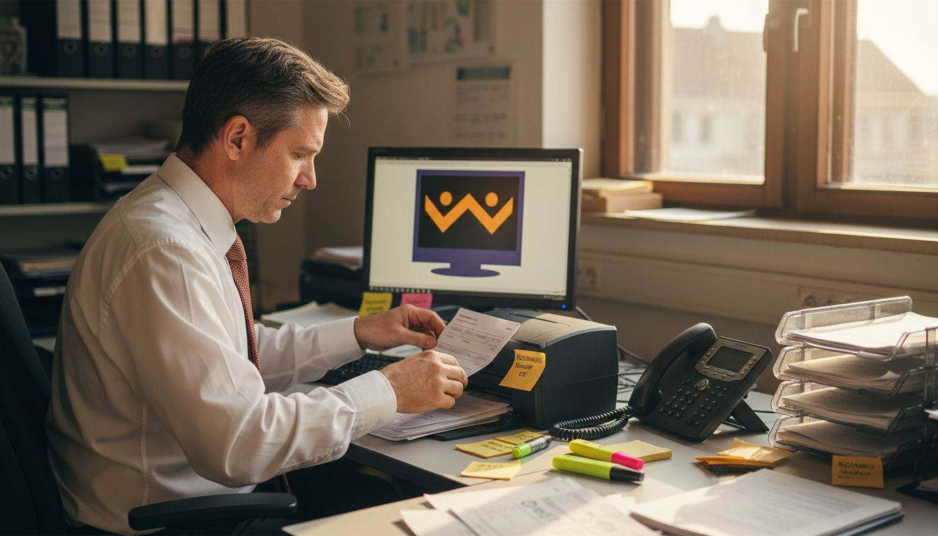 Ein Unternehmer setzt in seinem hektischen Büro auf Automatisierung, um den Papierkram effizienter zu bewältigen.