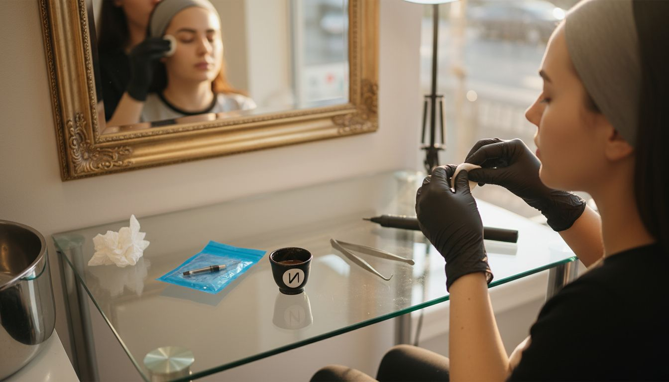 Eine Fachkraft bereitet die Kundin sorgfältig auf die bevorstehende Permanent-Make-up-Behandlung vor.