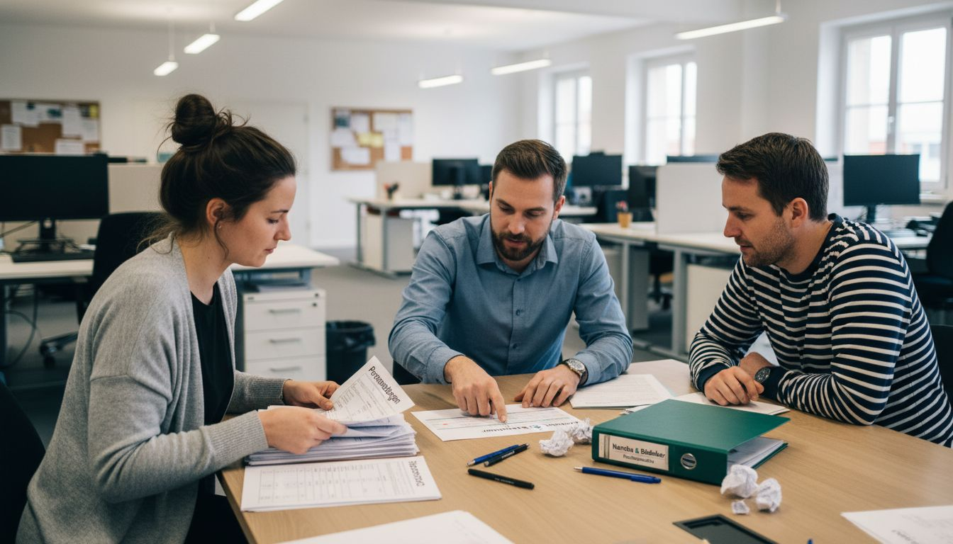Zeitarbeitskräfte besprechen gemeinsam Unterlagen am Besprechungstisch im Büro.