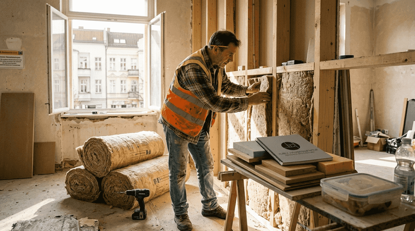 Ein Handwerker überprüft die Dämmung in einem Berliner Wohnhaus.