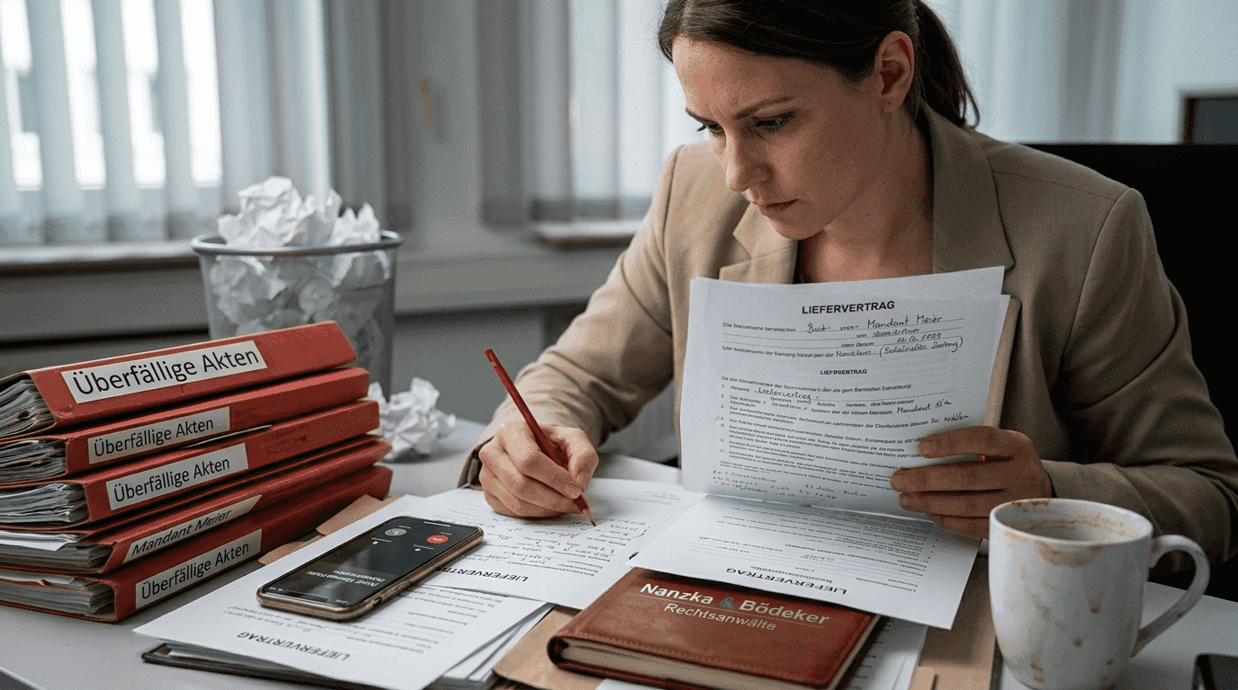 Inmitten von Aktenstapeln und Papierchaos sitzt eine juristische Assistenz und prüft konzentriert Verträge.