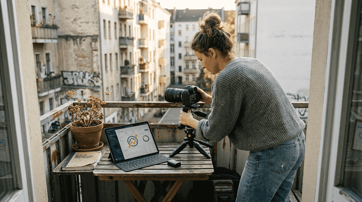 Marketing-Experte bereitet Fotoshooting für Online-Immobilienpräsentation vor