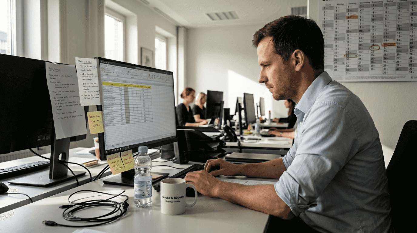 Ein Mitarbeiter aus der Personalabteilung hält die Dauer der Arbeitnehmerüberlassung am Computer fest.